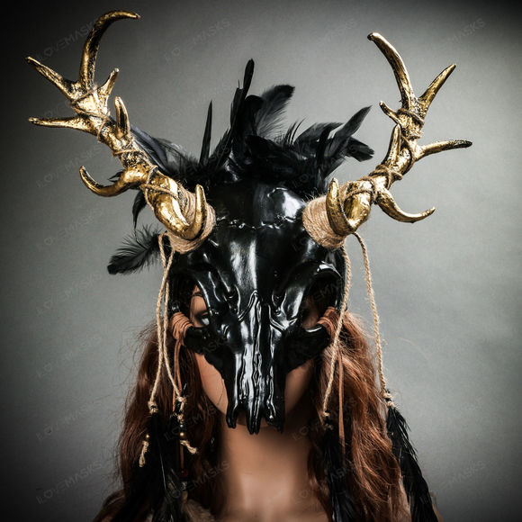 Antelope Devil Gold Deer Horn Skull Ghost Feather Masquerade Mask - Black - Picture 7 of 10